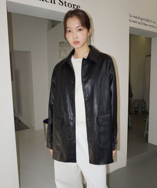 MOOD INSIDE UTILITY SINGLE BREASTED LEATHER HALF COAT-2 colors